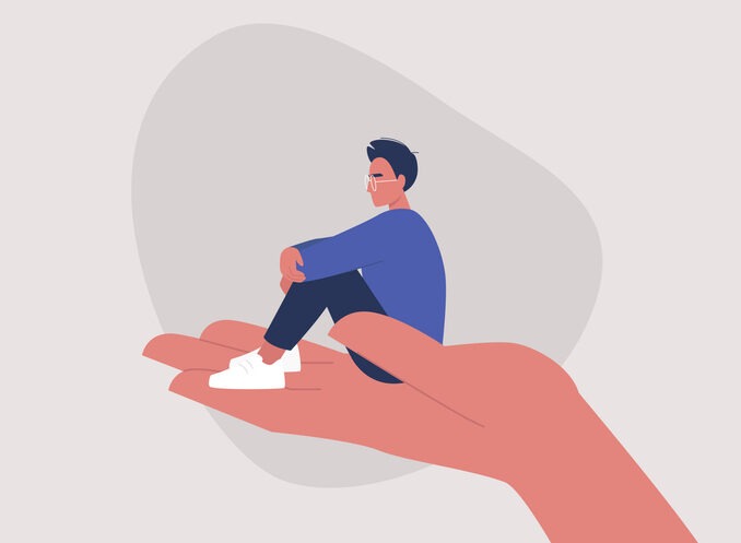 A young male character sitting on a hand palm,
