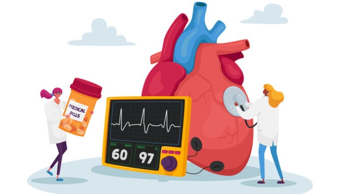 Tiny Doctor Characters at Huge Human Heart Measure Pulse with Stethoscope and Cholesterol Level for Diagnose, Treatment