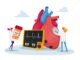 Tiny Doctor Characters at Huge Human Heart Measure Pulse with Stethoscope and Cholesterol Level for Diagnose, Treatment