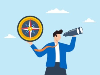 Businessman with binoculars and compass trying to find business profit.