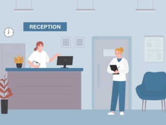 Hospital reception waiting room with seats, door and desk. Woman doctor and nurse in clinic corridor. Lobby, medical clinic hall interior with furniture. horizontal banner.