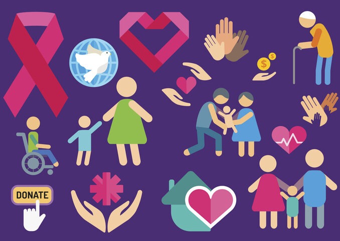 Charity care flat icons set