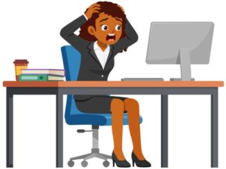 Woman employee sit in desk working on office and scream and panic