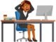 Woman employee sit in desk working on office and scream and panic