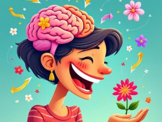 character sniffing a vibrant flower, showcasing a playful expression. Above their head, a whimsical representation of the human brain is connected by colorful arrows to the nose