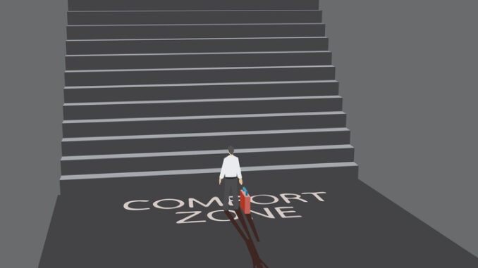 businessman and the ladder of comfort zone.