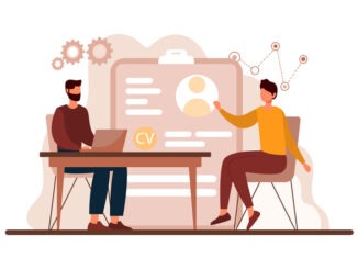 Job interviews. Employee of HR department asks questions to candidate for position.