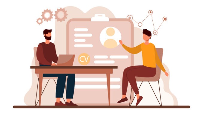 Job interviews. Employee of HR department asks questions to candidate for position. 