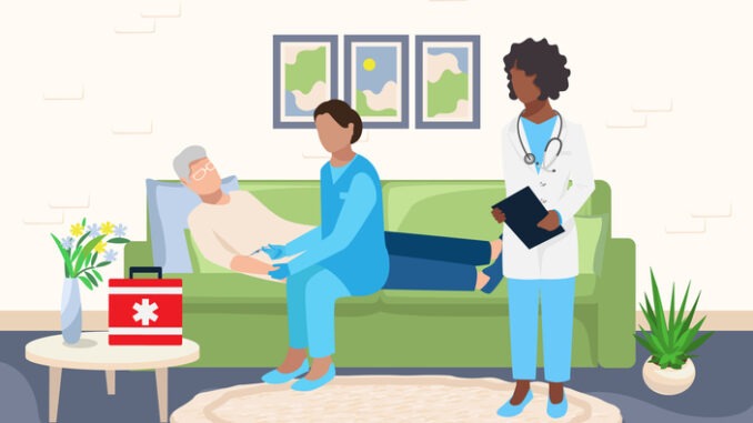 healthcare staff provide medical care to an elderly patient at home.