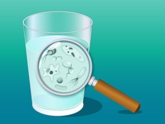 A glass of water and magnifying glass. Close-up of water microbe.