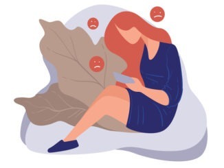 Depressed female character chatting online receiving negative messages