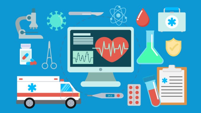 Healthcare icons arranged around computer monitor showing heartbeat