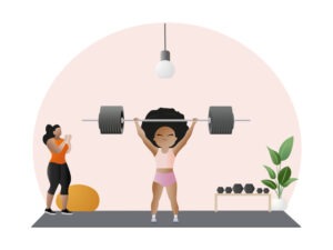 Determined girl lifting weights with friend cheering her on