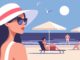 Summer time. Woman in a hat and sunglasses on the beach. Vector illustration in minimalistic style.