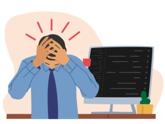 Burned Down Businessman in Depression Sit at Office Desk with Headache and Unfinished Work on Pc Screen, Stressed Worker