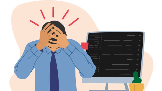 Burned Down Businessman in Depression Sit at Office Desk with Headache and Unfinished Work on Pc Screen, Stressed Worker