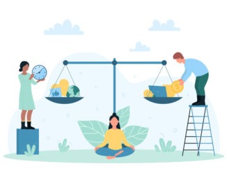 Comparison of work life balance, tiny people compare on scales price of career, wellness