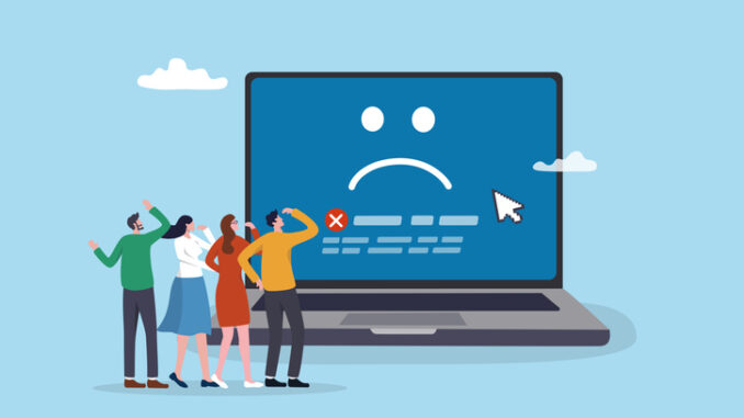Computer outage, error or failure causing by software update mistake, operating system crash or cyber attack, server down or technical issue concept, people victims looking at computer laptop outage.