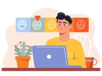 Low work stress. Man with laptop near stress meter. Emoji and feelings. Good mood, calmness and peace. Awareness and mindfulness.