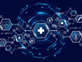 Abstract connected hexagons with health care icons and HUD circle on blue backdrop. Medical technology research presentation backdrop. Digital health insurance concept and access to welfare