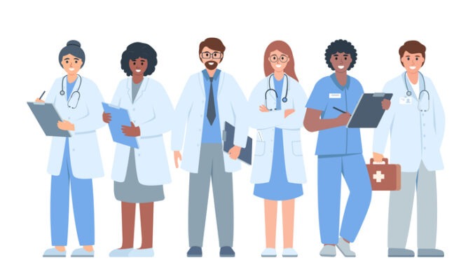 Medical Team of male and female hospital or clinic workers in different poses. Multicultural group of medics. Doctors and nurse characters.