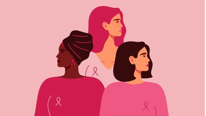 Three women with pink ribbons of different nationalities standing together.