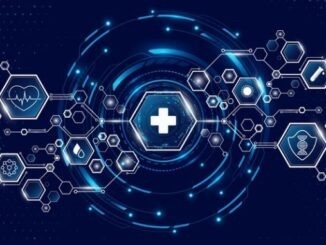 Abstract connected hexagons with health care icons and HUD circle on blue backdrop. Medical technology research presentation backdrop. Digital health insurance concept and access to welfare