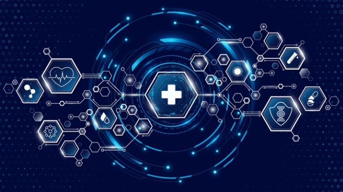 Abstract connected hexagons with health care icons and HUD circle on blue backdrop. Medical technology research presentation backdrop. Digital health insurance concept and access to welfare