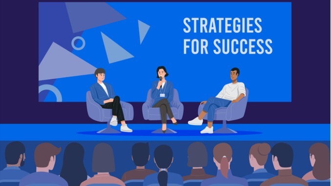 Business conference concept, Audience sat watching speakers talking.