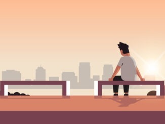 guy sitting wooden bench cityscape background