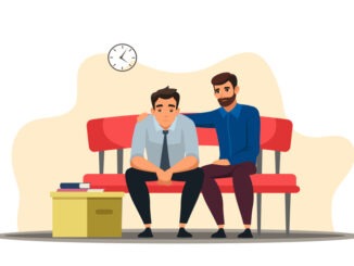 Preparing for New Bereavement Leave Rights Depressed man sits at sofa, colleague support, belongings in box.