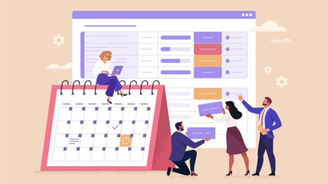 a group of diverse people creating a task plan in a spreadsheet and a calendar.