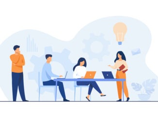 Company employees planning task and brainstorming