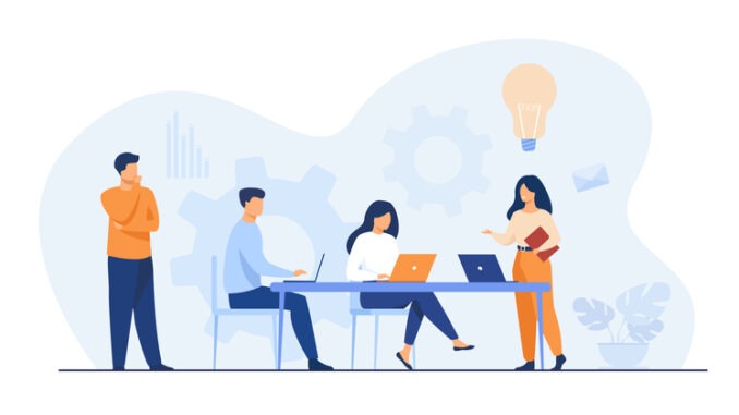 Company employees planning task and brainstorming 