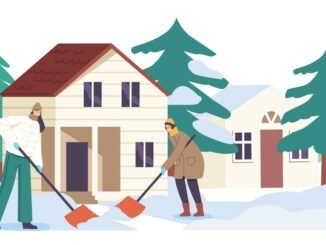 Happy Family Friends or Neighbours Characters Working Outside Cleaning Ground from Snow with Shovels at House Yard. Winter Time Season Activity, People Outdoor Shoveling