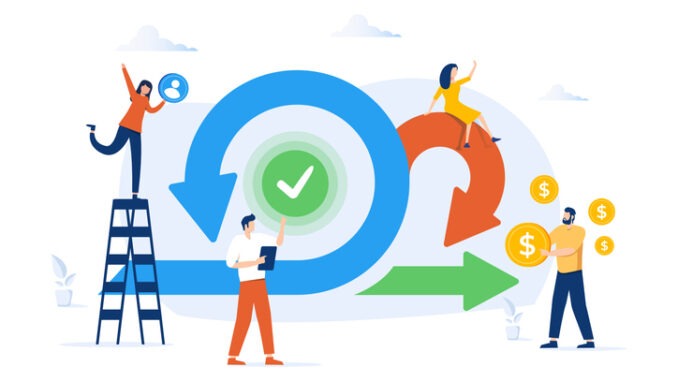 Scrum agile framework plan as software development method tiny person concept. Effective teamwork for project sprint vector illustration. Adaptive programming rule cycle and process managing strategy.