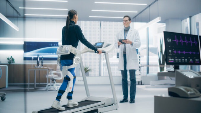 Woman in a Futuristic Medical Lab Uses an Advanced Exoskeleton on a Treadmill for Physical Rehabilitation, High-Tech Technology and Innovative Research in Recovery Techniques