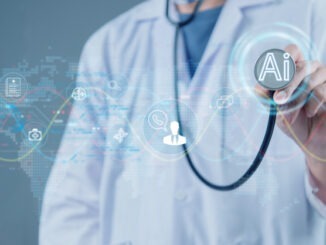 Innovative AI healthcare concept with a doctor holding a stethoscope, digital icons, and futuristic technology background.