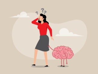 a woman, appearing stressed or perplexed with one hand on her forehead, looks back to see her brain, depicted as a separate, small, pink, sentient entity with tiny legs, walking away from her