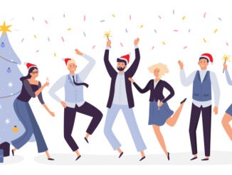Office Christmas celebration. Happy business team workers corporate party, celebrate New Year in xmas hats. 2020 winter holiday businessman and businesswoman office celebrating vector illustration