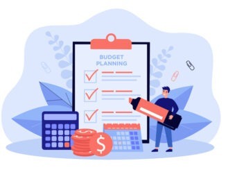 Tiny person planning budget. Man calculating tax and expenses, making financial checklist. Vector illustration for finance management, business plan concept