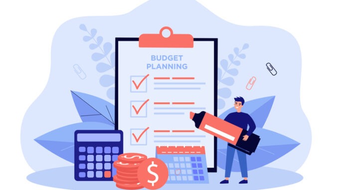 Tiny person planning budget. Man calculating tax and expenses, making financial checklist. Vector illustration for finance management, business plan concept