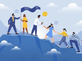 Male and female coworkers are helping each other to climb up the mountain together. Teamwork partnership. Company employee challenge to climb to mountain together.