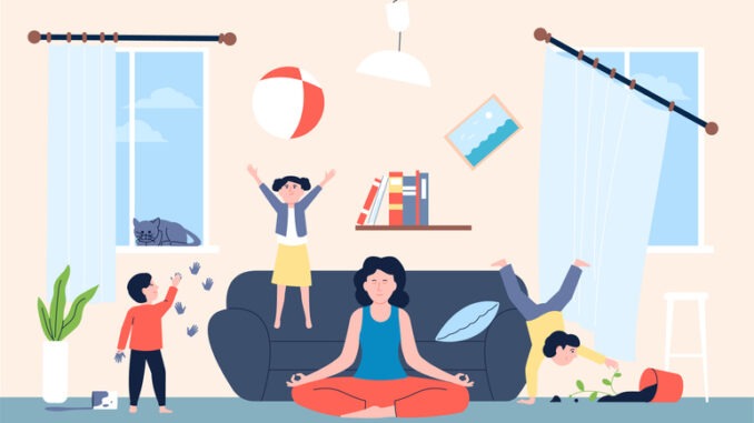 Calm mom and mischievous kids in room. Children jumping and running, doing chaos in home. Mother meditate, family game time recent vector scene. Illustration of mischievous kid, mother keeping calm