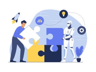 Artificial intelligence robots work together with human. Flat vector illustration