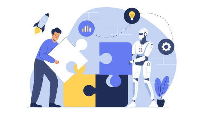 Artificial intelligence robots work together with human. Flat vector illustration