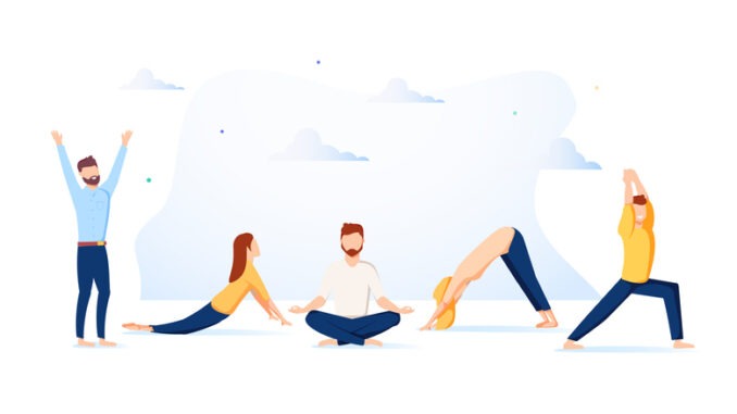 Vector illustration, concept of meditation during working hours, break, health benefits of the body, mind and emotions, thought process. People are relaxing vector illustration isolated on white