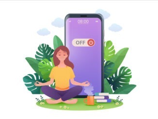 Woman meditate in lotus pose retreating from social media and internet by turning off smartphone. Digital detox concept vector illustration.