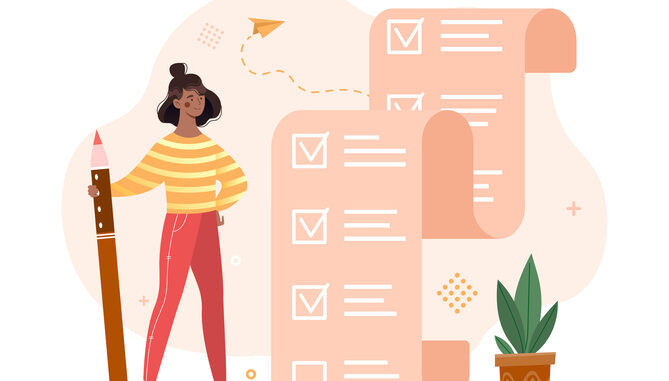 Planning and time management concept. Woman with pencil stands next to large to do list. Mark completed task. Personal efficiency at work. Cartoon flat vector illustration isolated on white background