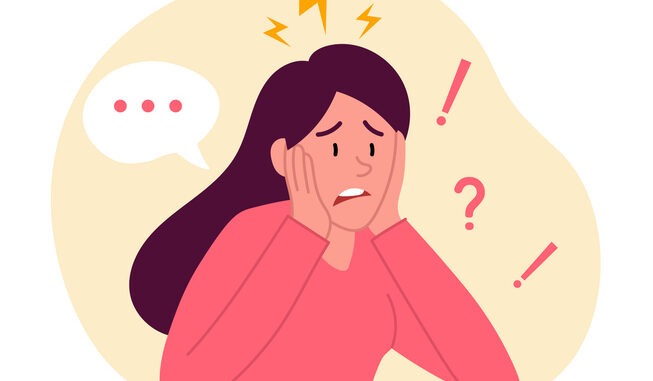 Frustrated woman talks about problem. Female character can not find solution and asks for help. Stress due to burning deadlines. Cartoon modern flat vector illustration isolated on white background